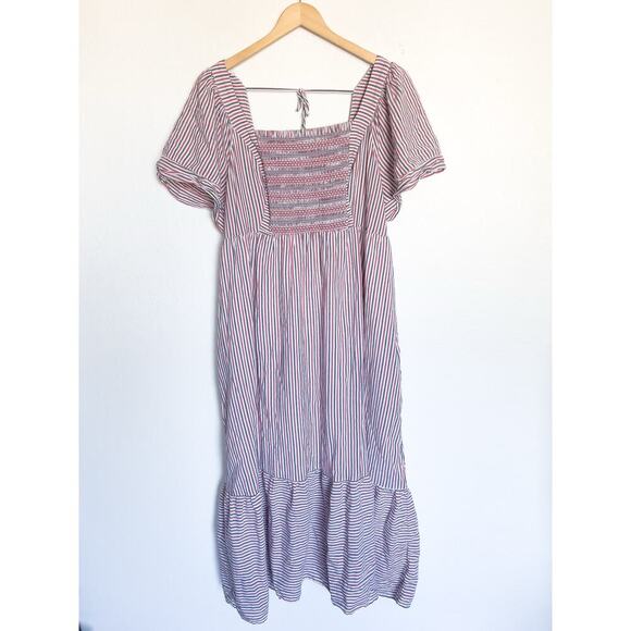 Old Navy Midi Dress Size XL Red White Blue Striped Ruffle Smocked Patriotic Maxi - Picture 1 of 9